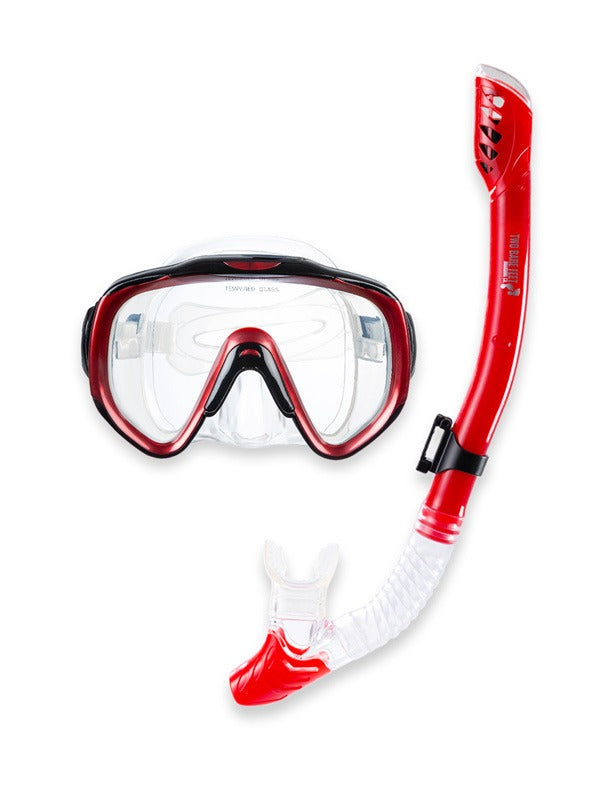 Pro Dive Series Silicone Mask, Dry Top Snorkel & F70 Fins 3 Piece Set 2 (Red)