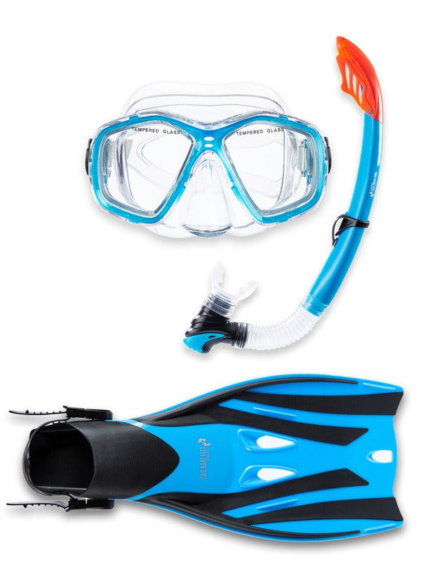 PVC Mask Snorkel & F52 Fins 3pc Set (Aqua)