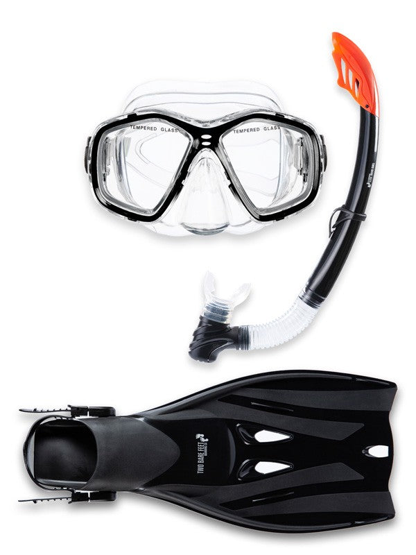 PVC Mask Snorkel & F52 Fins 3pc Set (Black)