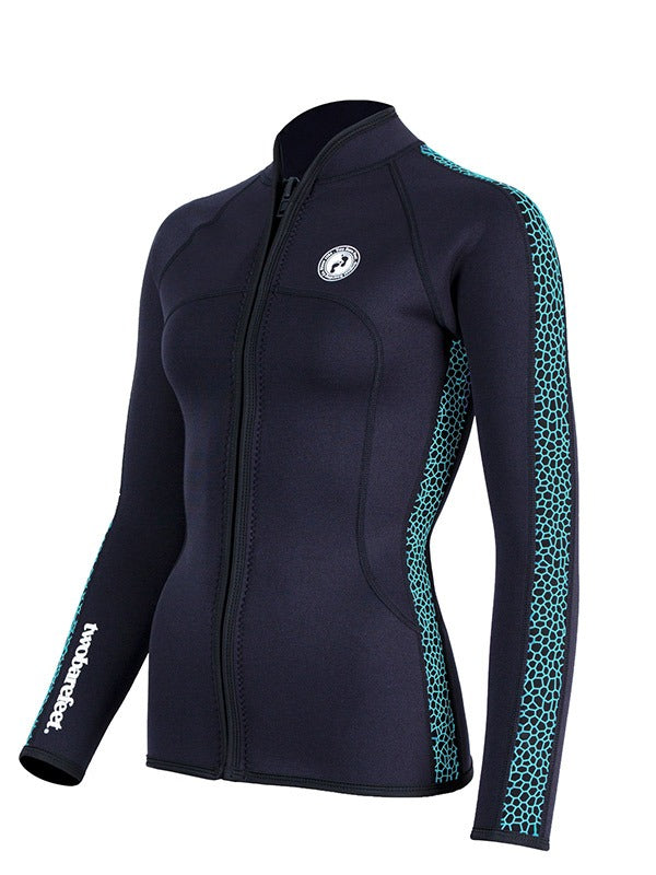 Two Bare Feet Womens Silicone Print Series Full Zip 2.5mm Wetsuit Jacket (Black/Mint)