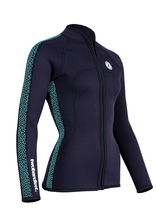 Two Bare Feet Womens Silicone Print Series Full Zip 2.5mm Wetsuit Jacket (Black/Mint)