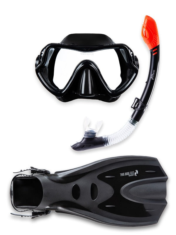 Two Bare Feet Adult Silicone Dry Top Snorkel, Silicone Mask & F70 fins Set (Black)