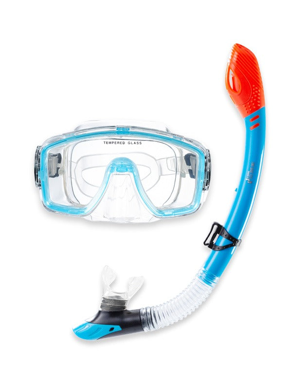 Two Bare Feet Adult Silicone Mask, Dry Top Snorkel & F70 Fins 3 Piece Set 1 (Aqua)