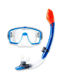 Two Bare Feet Adult Silicone Mask, Dry Top Snorkel & F75 Fins 3 Piece Diving Set 1 (Blue)