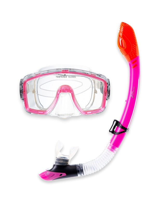 Two Bare Feet Adult Silicone Mask, Dry Top Snorkel & F70 Fins 3 Piece Set 1 (Pink)