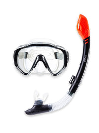 Two Bare Feet Adult Silicone Mask, Dry Top Snorkel & F75 Fins Piece Diving Set 1 (Black)