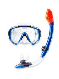 Two Bare Feet Adult Silicone Mask, Dry Top Snorkel & F75 Fins 3 Piece Diving Set 2 (Blue)