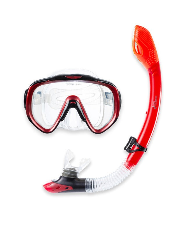 Two Bare Feet Adult Silicone Mask, Dry Top Snorkel & F70 Fins 3 Piece Set 2 (Red)