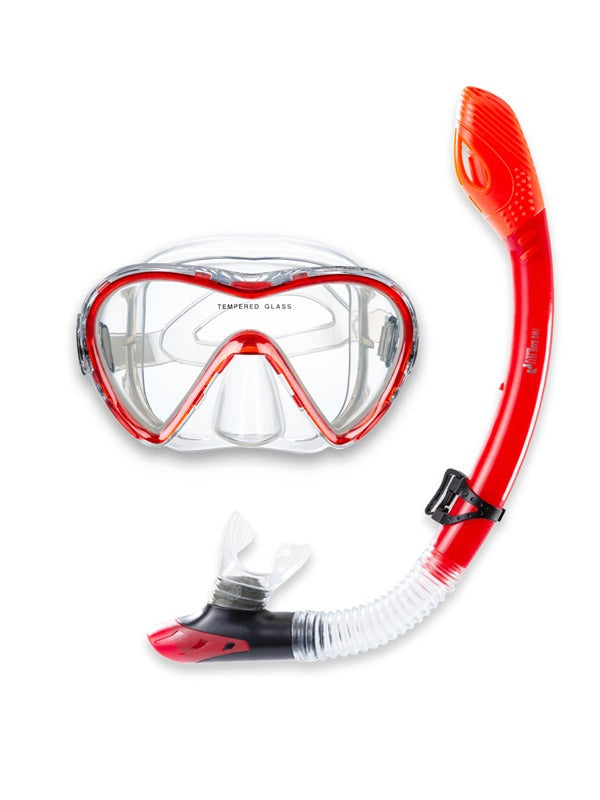 Two Bare Feet Adult Silicone Mask, Dry Top Snorkel & F70 Fins 3 Piece Set 3 (Red)