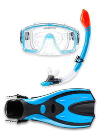 Two Bare Feet Adult Silicone Mask, Dry Top Snorkel & F70 Fins 3 Piece Set 1 (Aqua)