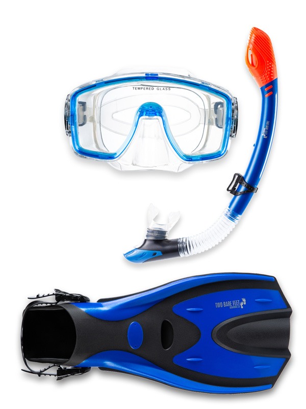 Two Bare Feet Adult Silicone Mask, Dry Top Snorkel & F70 Fins 3 Piece Set 1 (Blue)