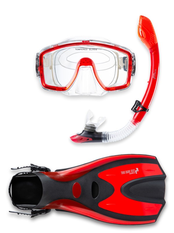 Two Bare Feet Adult Silicone Mask, Dry Top Snorkel & F70 Fins 3 Piece Set 1 (Red)