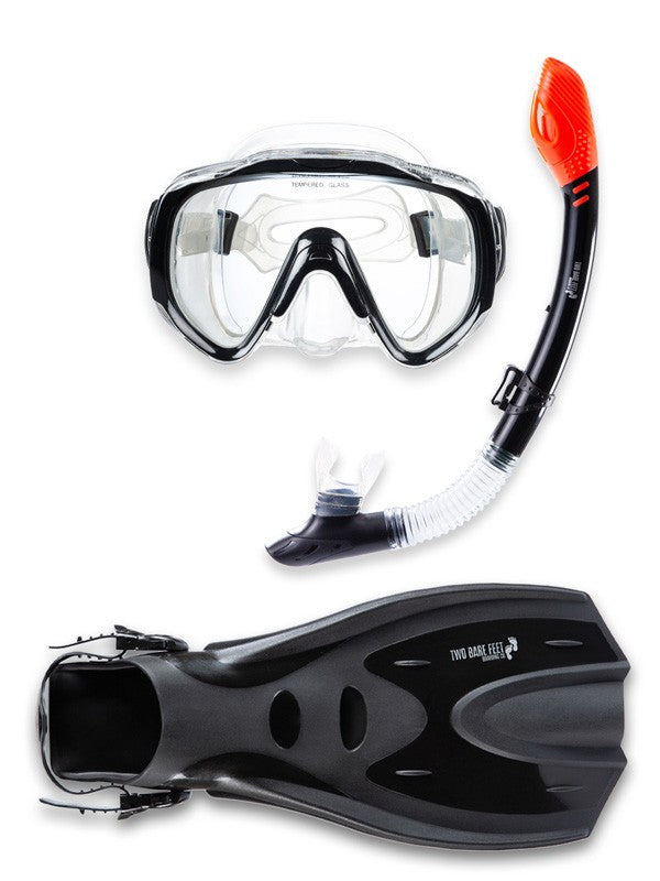 Two Bare Feet Adult Silicone Mask, Dry Top Snorkel & F70 Fins 3 Piece Set 2 (Black)