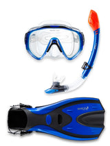 Two Bare Feet Adult Silicone Mask, Dry Top Snorkel & F70 Fins 3 Piece Set 2 (Blue)