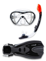 Two Bare Feet Adult Silicone Mask, Dry Top Snorkel & F70 Fins 3 Piece Set 3 (Black)