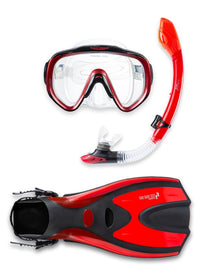 Two Bare Feet Adult Silicone Mask, Dry Top Snorkel & F70 Fins 3 Piece Set 2 (Red)
