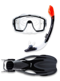 Two Bare Feet Adult Silicone Mask, Dry Top Snorkel & F75 Fins Piece Diving Set 1 (Black)