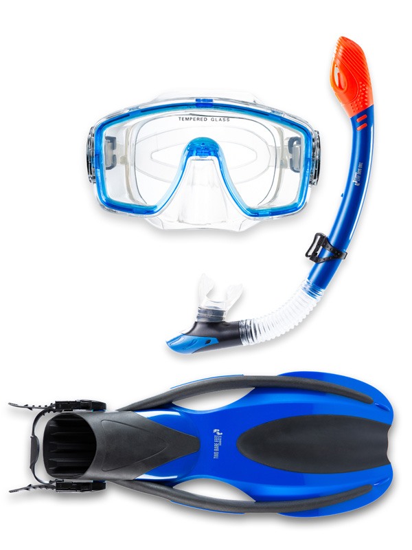 Two Bare Feet Adult Silicone Mask, Dry Top Snorkel & F75 Fins 3 Piece Diving Set 1 (Blue)
