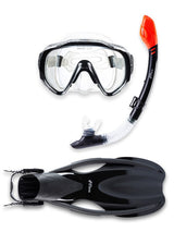 Two Bare Feet Adult Silicone Mask, Dry Top Snorkel & F75 Fins 3 Piece Diving Set 2 (Black)