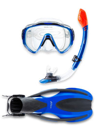 Two Bare Feet Adult Silicone Mask, Dry Top Snorkel & F75 Fins 3 Piece Diving Set 2 (Blue)