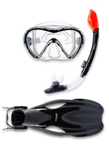 Two Bare Feet Adult Silicone Mask, Dry Top Snorkel & F75 Fins 3 Piece Diving Set 3 (Black)