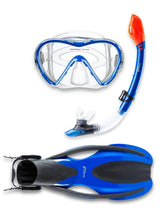 Two Bare Feet Adult Silicone Mask, Dry Top Snorkel & F75 Fins 3 Piece Diving Set 3 (Blue)