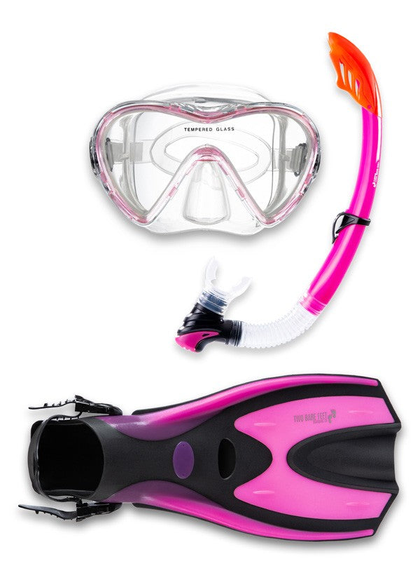 Two Bare Feet Adult Silicone Mask, Snorkel & F70 Fins 3 Piece Set 3 (Pink)
