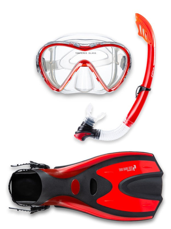 Two Bare Feet Adult Silicone Mask, Snorkel & F70 Fins 3 Piece Set 3 (Red)