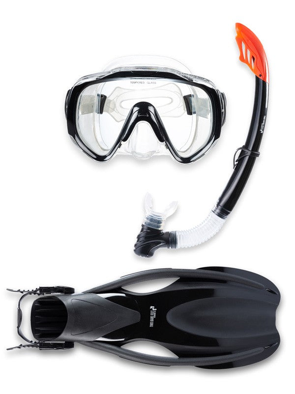 Two Bare Feet Adult Silicone Mask, Snorkel & F75 Fins Piece Diving Set 2 (Black)