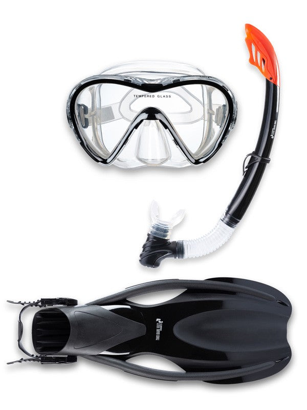 Two Bare Feet Adult Silicone Mask, Snorkel & F75 Fins 3 Piece Diving Set 3 (Black)
