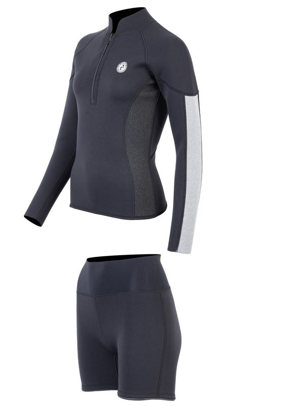 Two Bare Feet Unisex Perspective Half Zip 2.5mm Wetsuit Jacket & Hotpants Set (Black/Grey/Grey)