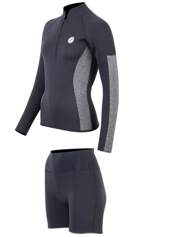 Two Bare Feet Unisex Perspective Half Zip 2.5mm Wetsuit Jacket & Hotpants Set (Black/Grey)