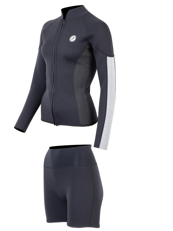 Two Bare Feet Unisex Perspective Full Zip 2.5mm Wetsuit Jacket & Hotpants Set (Black/Grey/Grey)