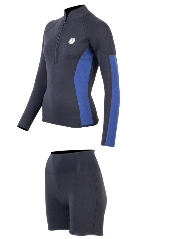 Two Bare Feet Unisex Perspective Half Zip 2.5mm Wetsuit Jacket & Hotpants Set (Black/Blue)
