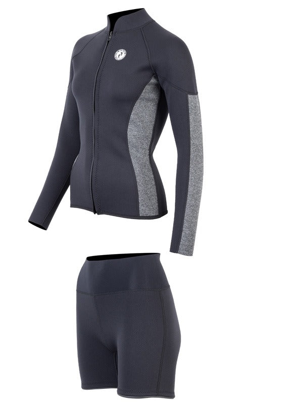 Two Bare Feet Unisex Perspective Full Zip 2.5mm Wetsuit Jacket & Hotpants Set (Black/Grey)