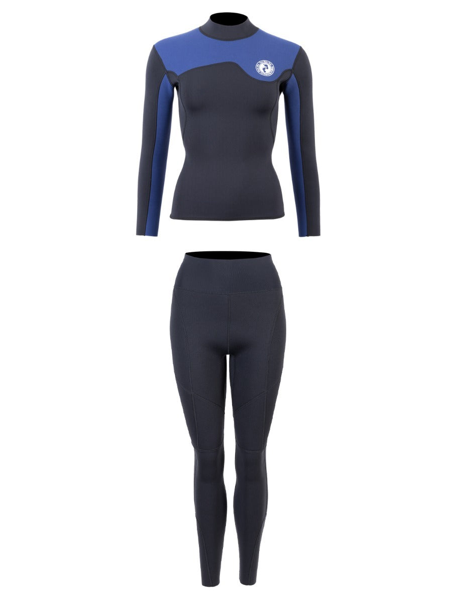 Two Bare Feet Womens Aspect Fleece Lined Zipless Thermal 2.5mm Superstretch Wetsuit Top & Pants Set (Black/Blue)