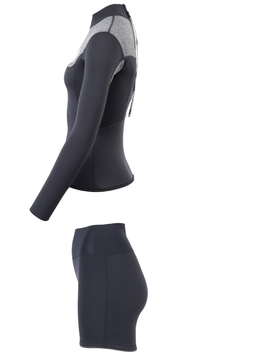 Two Bare Feet Womens Aspect Back Zip 2.5mm Wetsuit Jacket & Hotpants Set (Black/Grey)