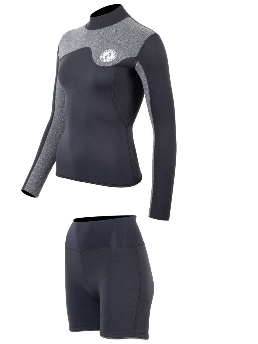 Two Bare Feet Womens Aspect Back Zip 2.5mm Wetsuit Jacket & Hotpants Set (Black/Grey)