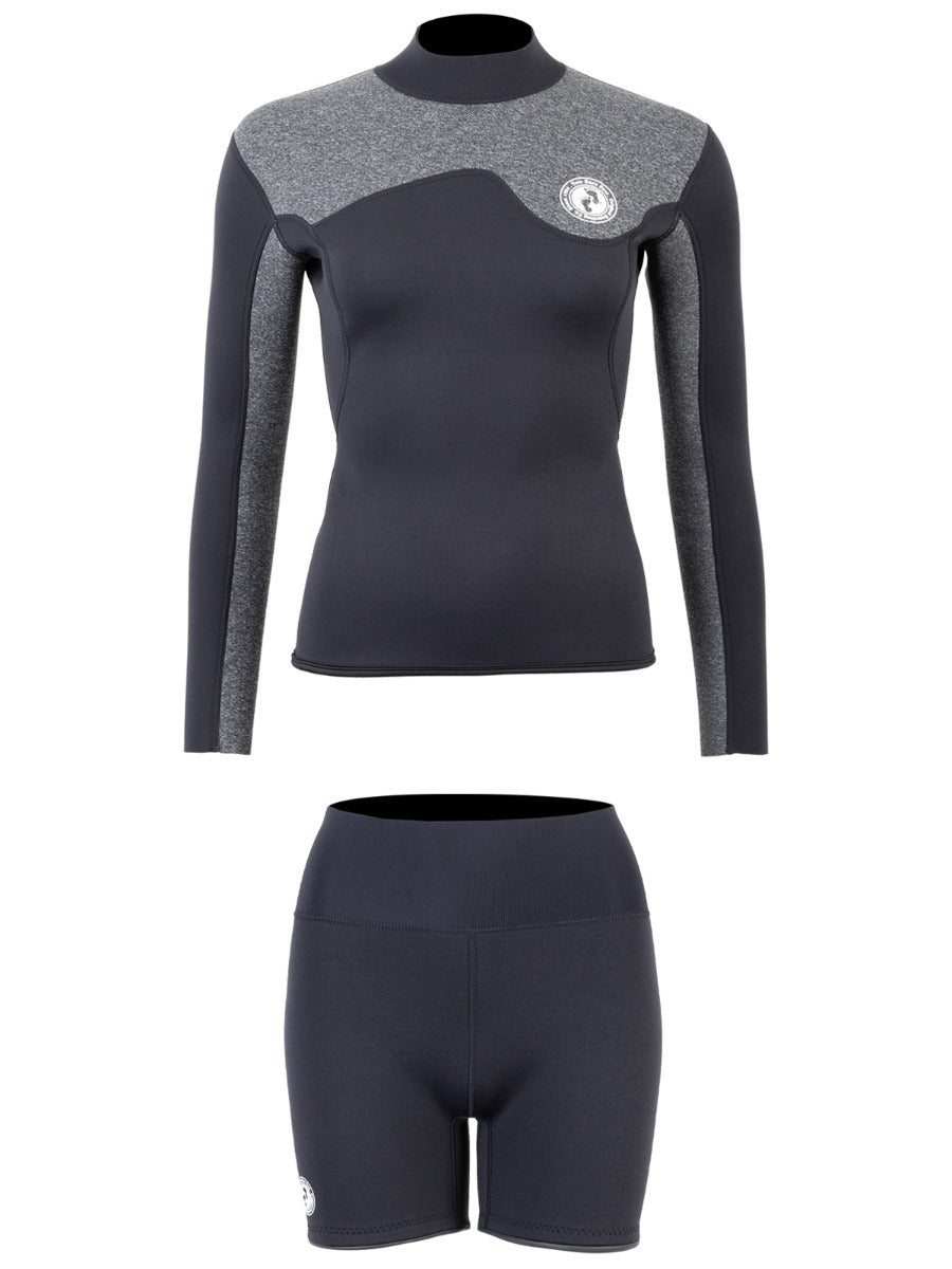 Two Bare Feet Womens Aspect Back Zip 2.5mm Wetsuit Jacket & Hotpants Set (Black/Grey)