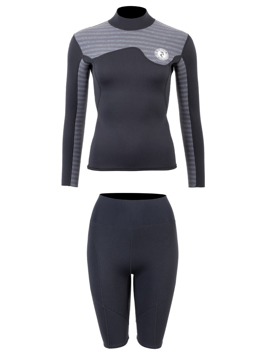 Two Bare Feet Womens Aspect Back Zip 2.5mm Wetsuit Jacket & Shorts Set (Black/Grey Stripes)
