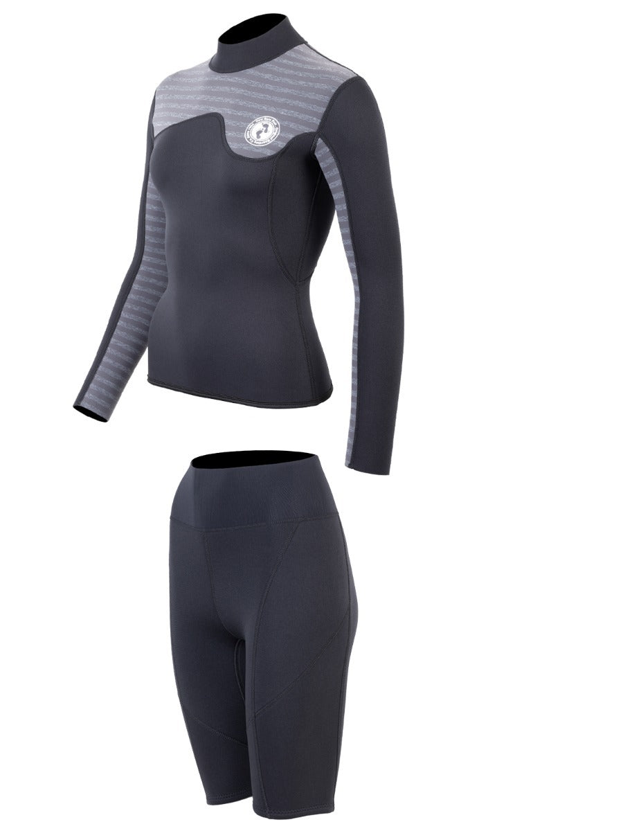 Two Bare Feet Womens Aspect Back Zip 2.5mm Wetsuit Jacket & Shorts Set (Black/Grey Stripes)