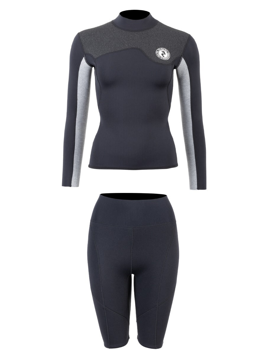 Two Bare Feet Womens Aspect Fleece Lined Zipless Thermal 2.5mm Superstretch Wetsuit Top & Shorts Set (Black/Grey/Grey)