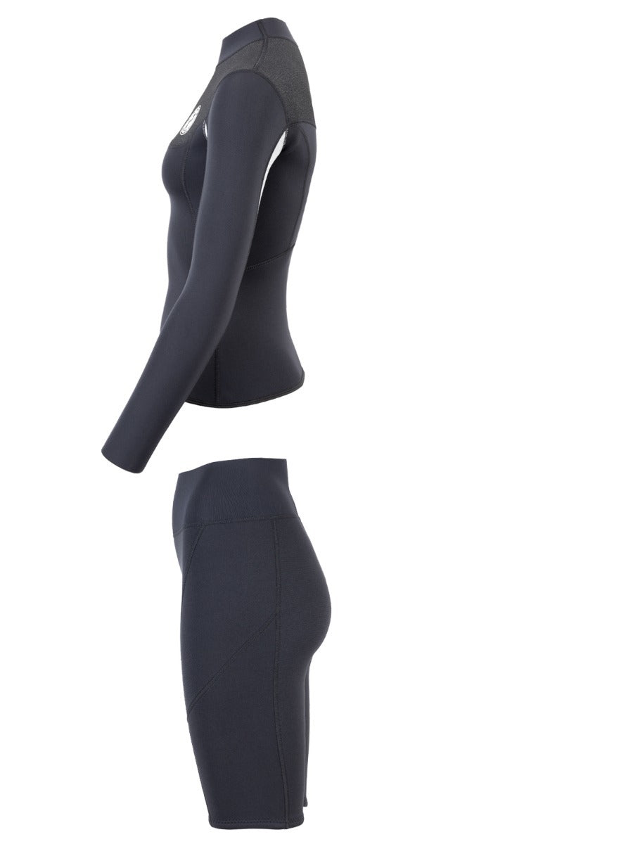Two Bare Feet Womens Aspect Fleece Lined Zipless Thermal 2.5mm Superstretch Wetsuit Top & Shorts Set (Black/Grey/Grey)