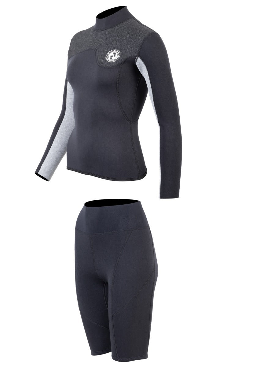 Two Bare Feet Womens Aspect Back Zip 2.5mm Wetsuit Jacket & Shorts Set (Black/Grey/Grey)