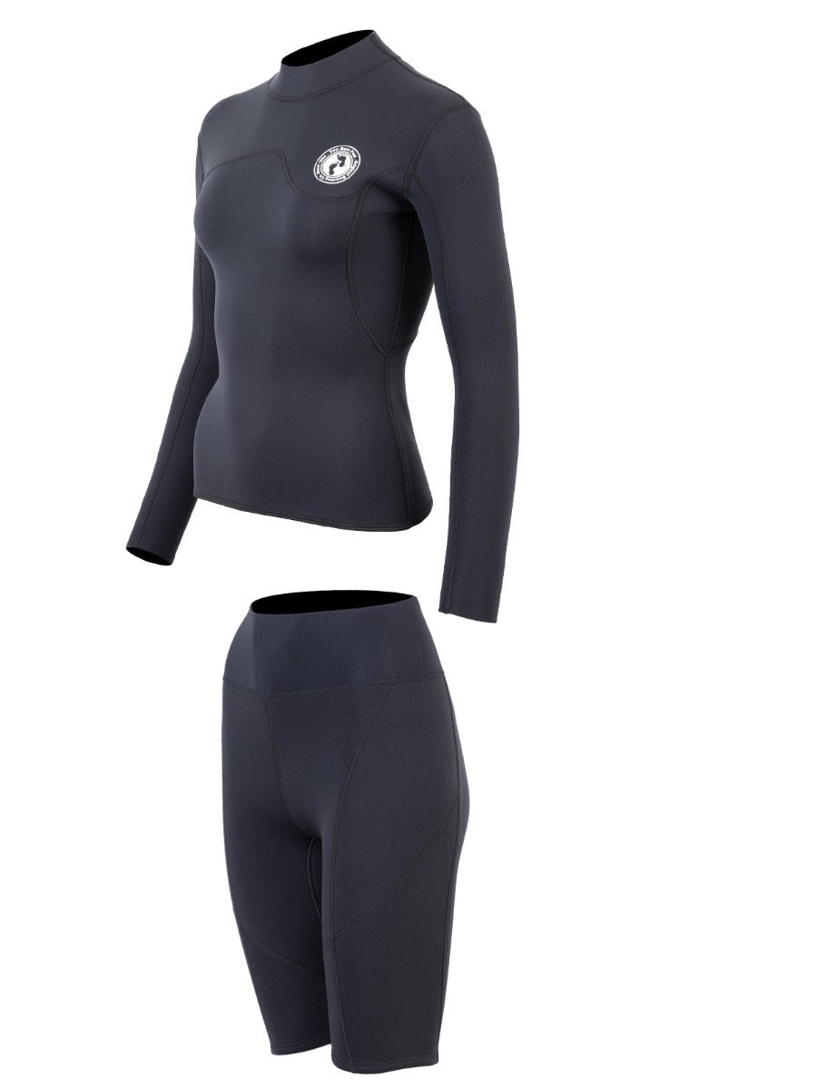 Two Bare Feet Womens Aspect Fleece Lined Zipless Thermal 2.5mm Superstretch Wetsuit Top & Shorts Set (Black)