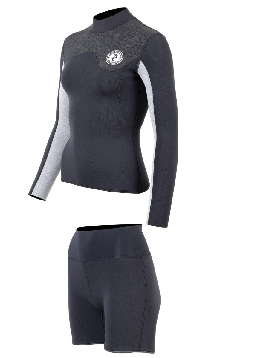Two Bare Feet Womens Aspect Fleece Lined Zipless Thermal 2.5mm Superstretch Wetsuit Top & Hotpants Set (Black/Grey/Grey)