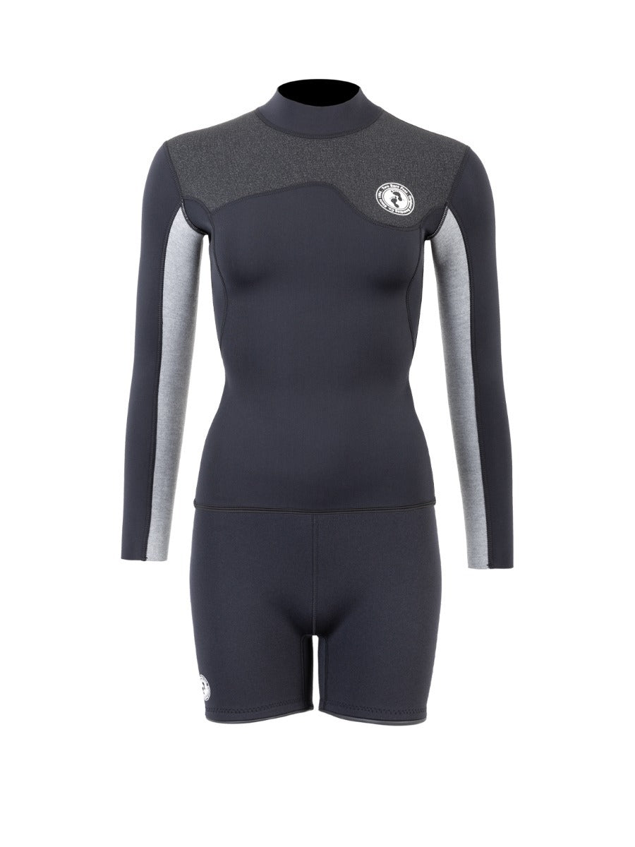 Two Bare Feet Womens Aspect Fleece Lined Zipless Thermal 2.5mm Superstretch Wetsuit Top & Hotpants Set (Black/Grey/Grey)