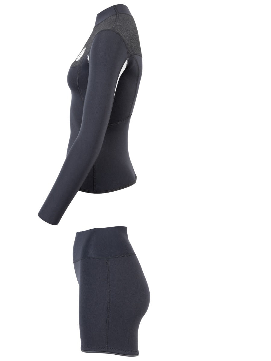 Two Bare Feet Womens Aspect Fleece Lined Zipless Thermal 2.5mm Superstretch Wetsuit Top & Hotpants Set (Black/Grey/Grey)