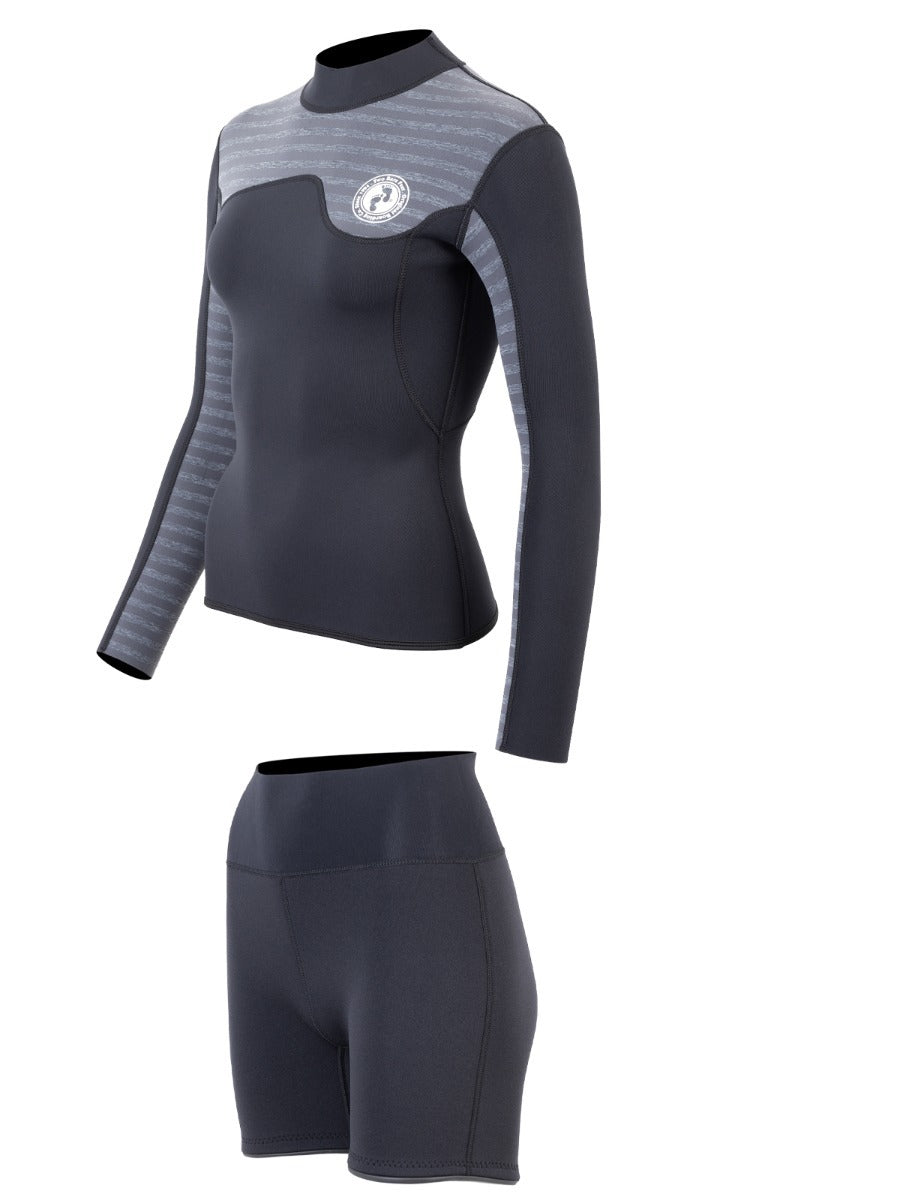 Two Bare Feet Womens Aspect Fleece Lined Zipless Thermal 2.5mm Superstretch Wetsuit Top & Hotpants Set (Black/Grey Stripes)