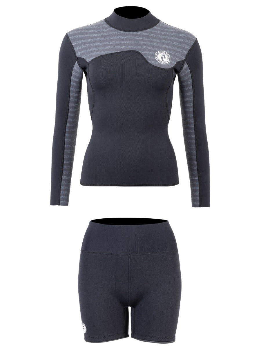 Two Bare Feet Womens Aspect Fleece Lined Zipless Thermal 2.5mm Superstretch Wetsuit Top & Hotpants Set (Black/Grey Stripes)